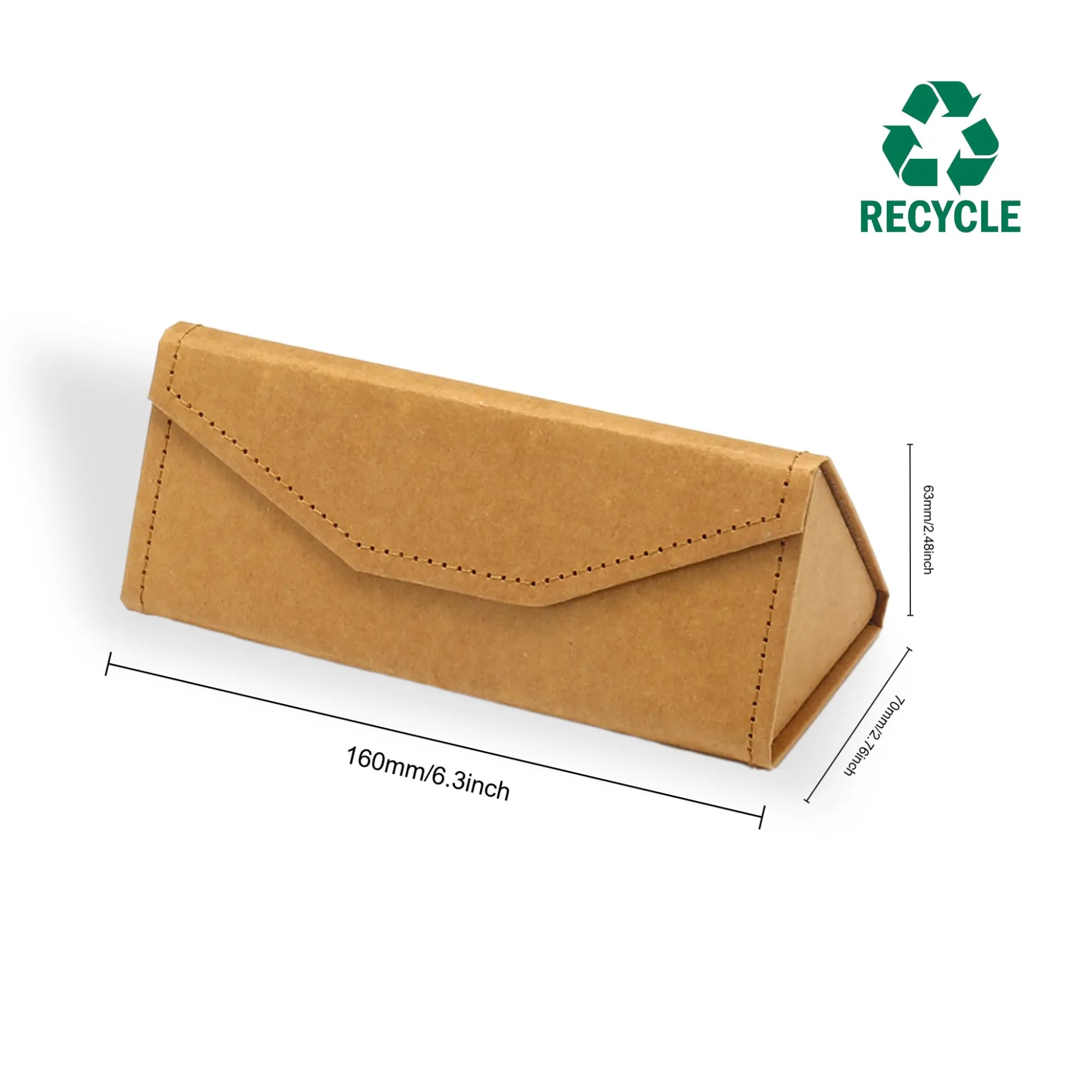 Kraft paper glasses case with detailed size dimensions and recyclable design